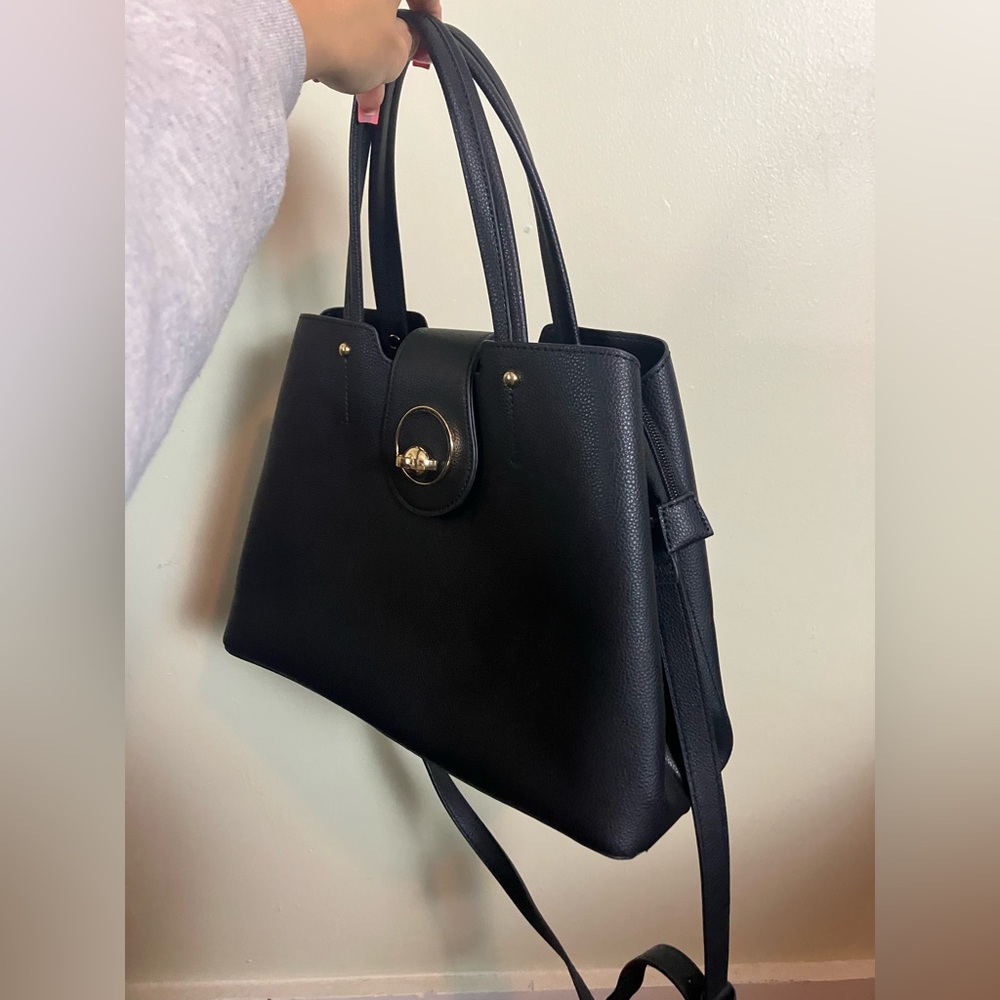 Black Faux Leather Top Handle Satchel Crossbody‎ Bag with Gold Tone Hardware - Picture 2 of 7